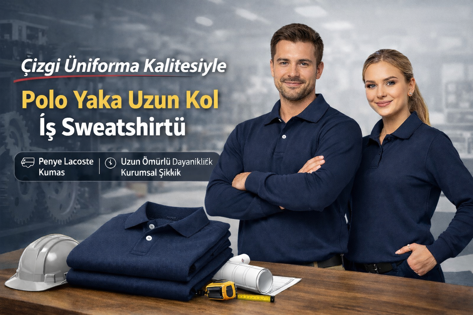 Çizgi Üniforma Kalitesiyle Üretilen Polo Yaka Uzun Kol İş Sweatshirt