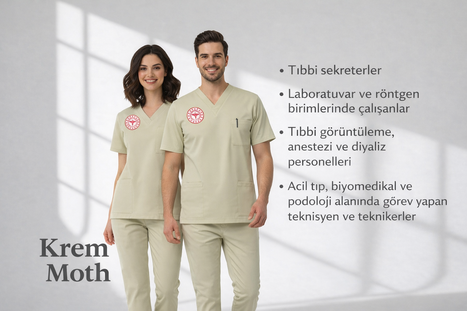 Bej Moth Teknisyen–Tekniker ve Tıbbi Sekreter Forması | Likralı Scrubs Takım – Sağlık Bakanlığı Renk Standartlarına Uygun