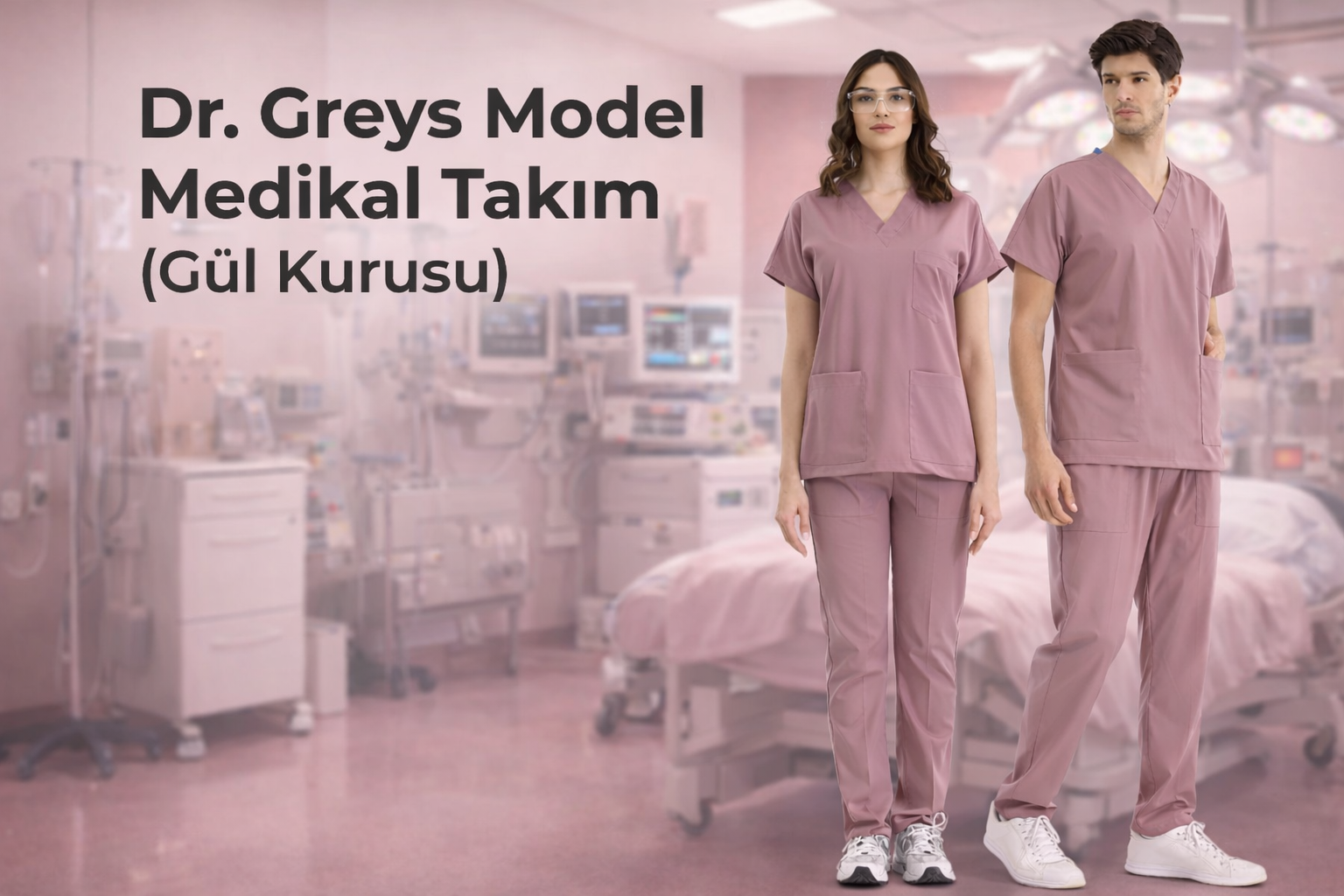 Dr. Greys Model Medikal Takım (Gül Kurusu) | Lüks Likralı Scrubs – Çizgi Medikal