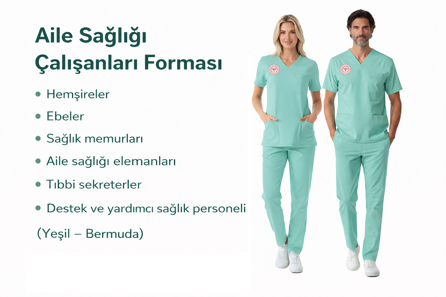Yeşil – Bermuda Aile Sağlığı Forması Scrubs Likralı Takım Sağlık Bakanlığı Renk Uyumlu