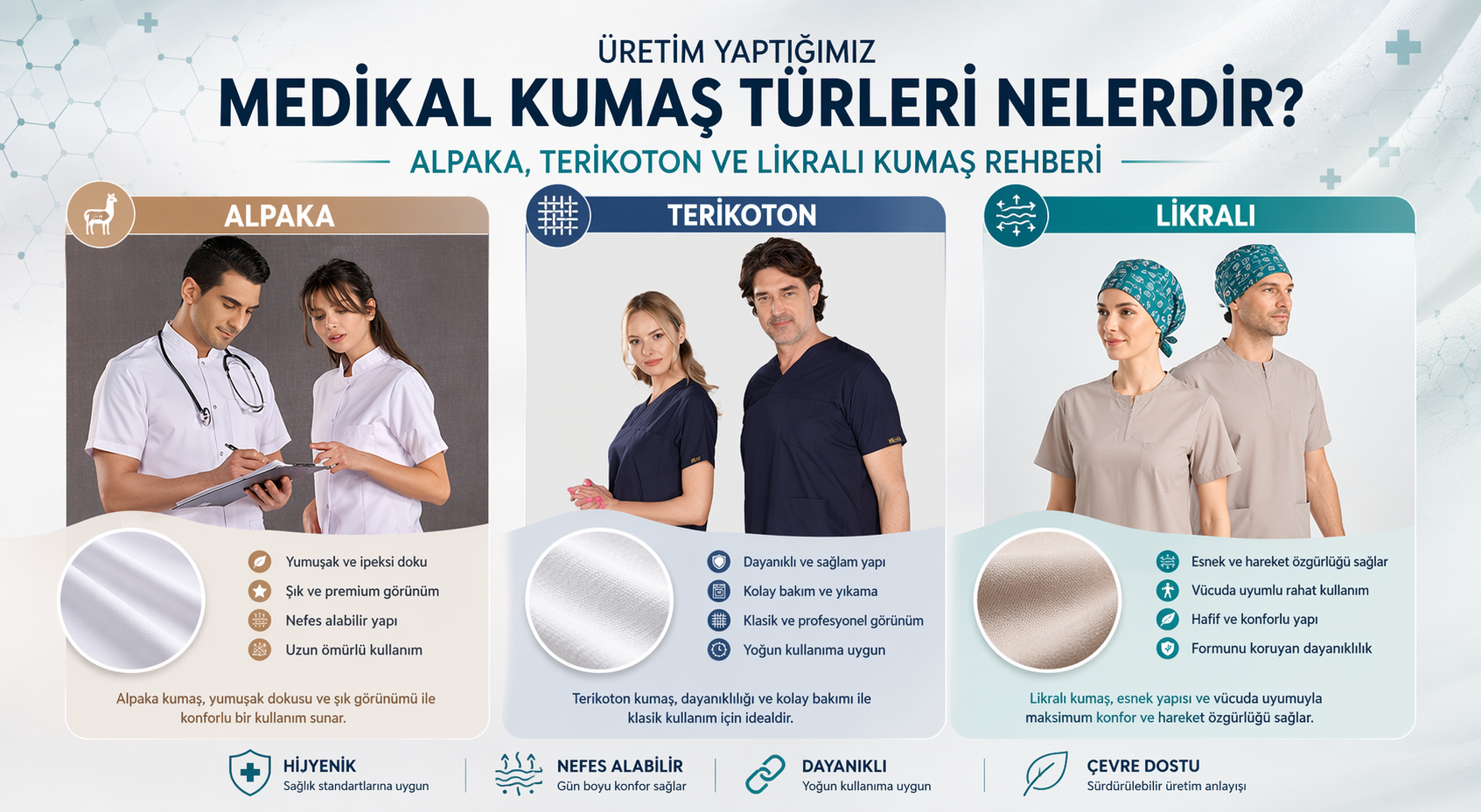 Üretim Yaptığımız Medikal Kumaş Türleri Nelerdir? Alpaka, Terikoton ve Likralı Kumaş Rehberi