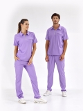 Lila Polo Yaka Doktor Hemşire Medikal Scrubs Takım Lüks Likralı Kumaş