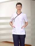 Üst Beyaz Alt Lacivert Kruvaze Yaka Doktor Hemşire Medikal Scrubs Takım Lüks Likralı Kumaş