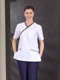 Üst Beyaz Alt Lacivert Kruvaze Yaka Doktor Hemşire Medikal Scrubs Takım Lüks Likralı Kumaş