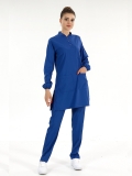 Saks Mavisi Tesettür Hakim Yaka Doktor Hemşire Medikal Scrubs Takım Lüks Likralı Kumaş
