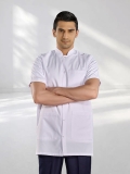 White Mandarin Collar Men's Short Sleeve Lab Coat Alpaca Fabric