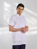 White Mandarin Collar Men's Short Sleeve Lab Coat Alpaca Fabric