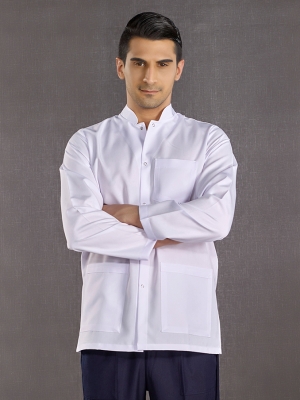 White Mandarin Collar Men's Lab Coat Alpaca Fabric