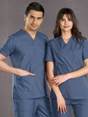 Petrol Blue Classic Doctor Nurse Medical Scrubs Set Poly‑cotton blend fabric