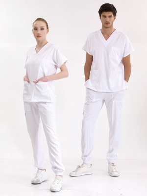Beyaz Jogger Doktor Hemşire Medikal Scrubs Takım Lüks Likralı Kumaş