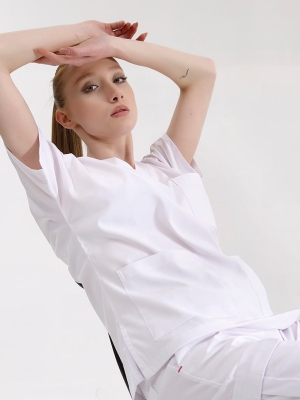 Beyaz Jogger Doktor Hemşire Medikal Scrubs Takım Lüks Likralı Kumaş