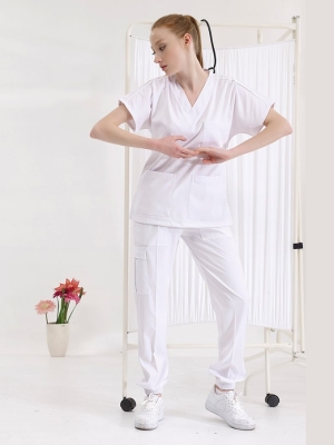 Beyaz Jogger Doktor Hemşire Medikal Scrubs Takım Lüks Likralı Kumaş
