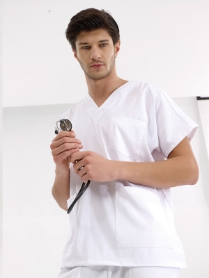 Beyaz Jogger Doktor Hemşire Medikal Scrubs Takım Lüks Likralı Kumaş