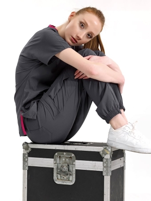 Füme Jogger Doktor Hemşire Medikal Scrubs Takım Lüks Likralı Kumaş