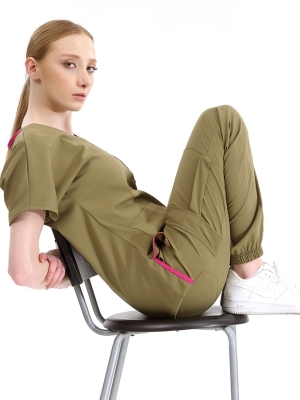 Haki Jogger Doktor Hemşire Medikal Scrubs Takım Lüks Likralı Kumaş