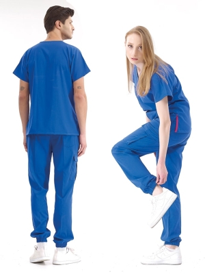 Saks Mavisi Jogger Doktor Hemşire Medikal Scrubs Takım Lüks Likralı Kumaş
