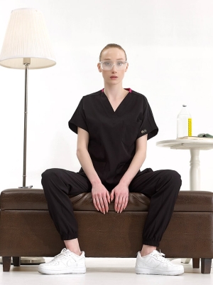 Siyah Jogger Doktor Hemşire Medikal Scrubs Takım Lüks Likralı Kumaş