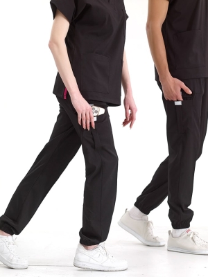 Siyah Jogger Doktor Hemşire Medikal Scrubs Takım Lüks Likralı Kumaş