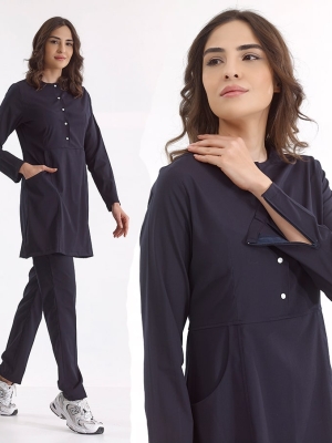 Lacivert Fermuarlı Tesettür Doktor Hemşire Medikal Scrubs Takım Lüks Likralı Kumaş