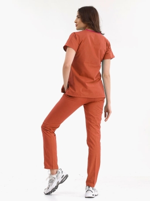 Kiremit Dr. Greys Doktor Hemşire Medikal Scrubs Takım Lüks Likralı Kumaş