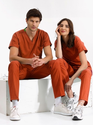 Kiremit Dr. Greys Doktor Hemşire Medikal Scrubs Takım Lüks Likralı Kumaş