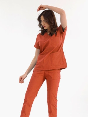 Kiremit Dr. Greys Doktor Hemşire Medikal Scrubs Takım Lüks Likralı Kumaş