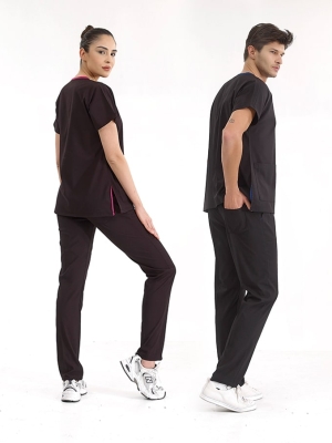 Siyah Dr. Greys Doktor Hemşire Medikal Scrubs Takım Lüks Likralı Kumaş