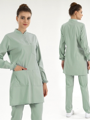 Mint Yeşili Tesettür Hakim Yaka Doktor Hemşire Medikal Scrubs Takım Lüks Likralı Kumaş