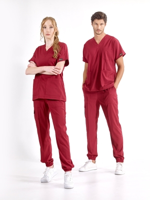 Bordo Jogger Doktor Hemşire Medikal Scrubs Takım Lüks Likralı Kumaş