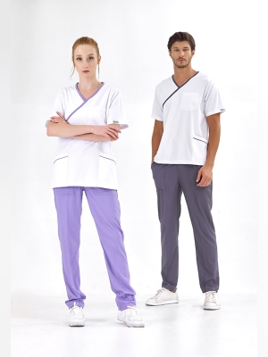 Lila Kruvaze Yaka Doktor Hemşire Medikal Scrubs Takım Lüks Likralı Kumaş