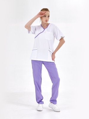 Lila Kruvaze Yaka Doktor Hemşire Medikal Scrubs Takım Lüks Likralı Kumaş