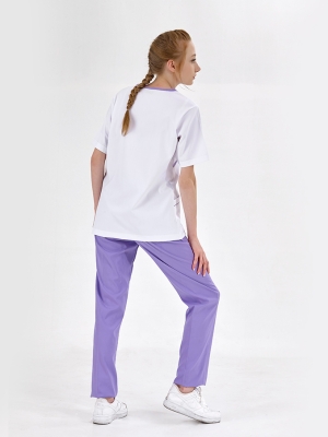 Lila Kruvaze Yaka Doktor Hemşire Medikal Scrubs Takım Lüks Likralı Kumaş