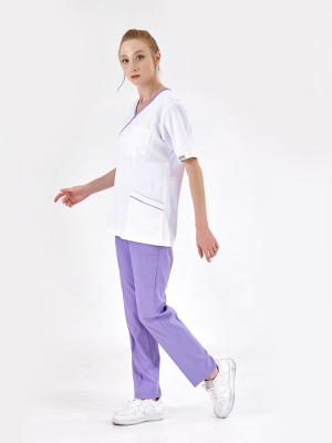 Lila Kruvaze Yaka Doktor Hemşire Medikal Scrubs Takım Lüks Likralı Kumaş