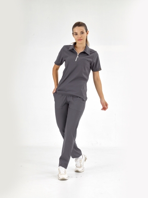 Füme Polo Yaka Doktor Hemşire Medikal Scrubs Takım Lüks Likralı Kumaş