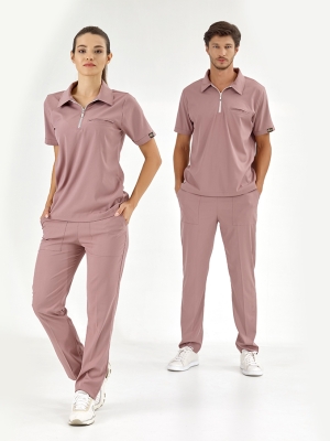 Dusty Rose Polo Neck Doctor Nurse Medical Scrubs Set Luxury Lycra Fabric