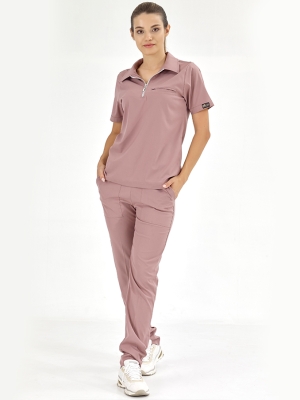 Dusty Rose Polo Neck Doctor Nurse Medical Scrubs Set Luxury Lycra Fabric