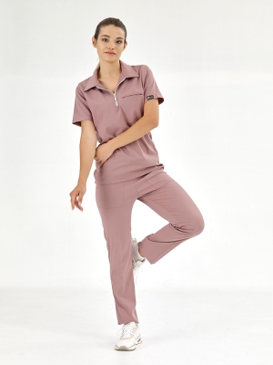 Dusty Rose Polo Neck Doctor Nurse Medical Scrubs Set Luxury Lycra Fabric