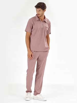Dusty Rose Polo Neck Doctor Nurse Medical Scrubs Set Luxury Lycra Fabric