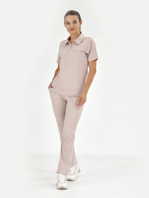 Krem Polo Yaka Doktor Hemşire Medikal Scrubs Takım Lüks Likralı Kumaş