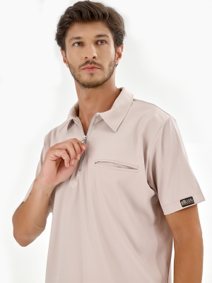 Krem Polo Yaka Doktor Hemşire Medikal Scrubs Takım Lüks Likralı Kumaş