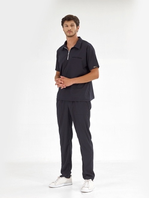 Navy Blue Polo Neck Doctor Nurse Scrubs Set Luxury Lycra Fabric