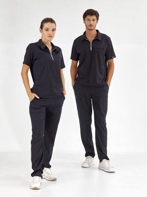 Navy Blue Polo Neck Doctor Nurse Scrubs Set Luxury Lycra Fabric