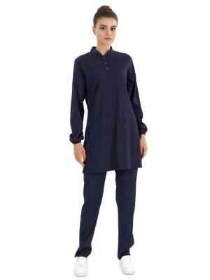 Lacivert Tesettür Hakim Yaka Doktor Hemşire Medikal Scrubs Takım Lüks Likralı Kumaş