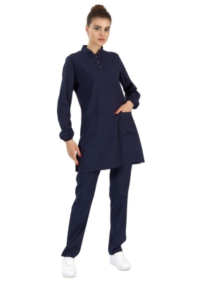 Lacivert Tesettür Hakim Yaka Doktor Hemşire Medikal Scrubs Takım Lüks Likralı Kumaş