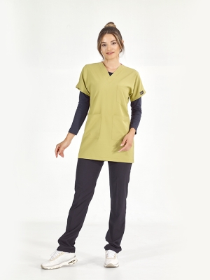 Antep Fıstığı Greys Tunik Boy Tesettür Doktor Hemşire Medikal Forma Tek Üst Lüks Likralı Kumaş