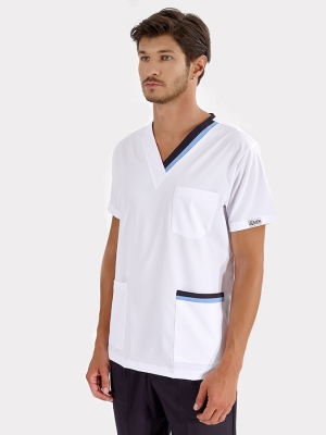 Açık Mavi-Lacivert Çift Yakalı Doktor Hemşire Medikal Forma Tek Üst Lüks Likralı Kumaş