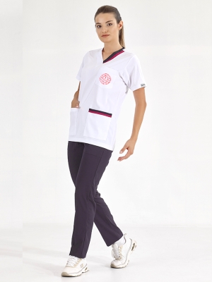 Vişne-Lacivert Çift Yakalı Doktor Hemşire Medikal Forma Tek Üst Lüks Likralı Kumaş