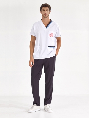 Açık Mavi-Lacivert Çift Yakalı Doktor Hemşire Medikal Forma Tek Üst Lüks Likralı Kumaş