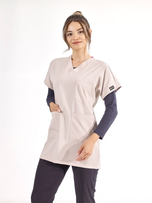 Krem Greys Tunik Boy Tesettür Doktor Hemşire Medikal Forma Tek Üst Lüks Likralı Kumaş