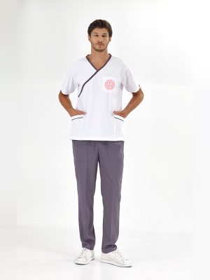 Kurşuni Gri Kruvaze Yaka Doktor Hemşire Medikal Forma Tek Üst Lüks Likralı Kumaş